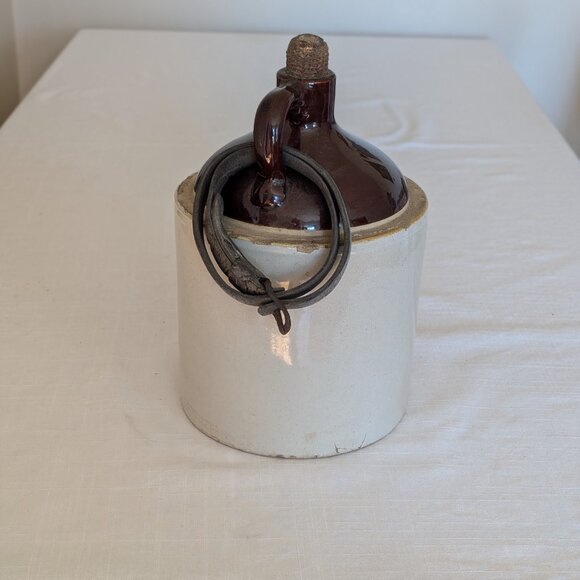 Antique Western Stoneware Crock Jug with Corncob Cork and Leather Strap RARE - Picture 2 of 6
